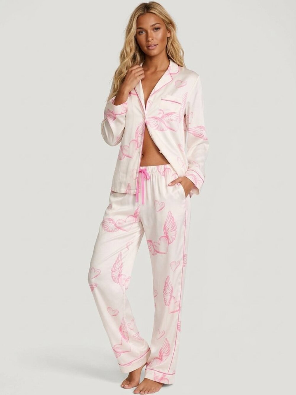 New! Victoria's Secret Print Heart Glazed Satin Long Pajama Set XS 50422